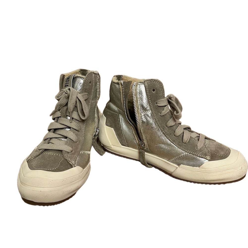 Andia‎ Fora Beige Metallic Silver High Top Side Zipper Lace Up Sneakers Size 39